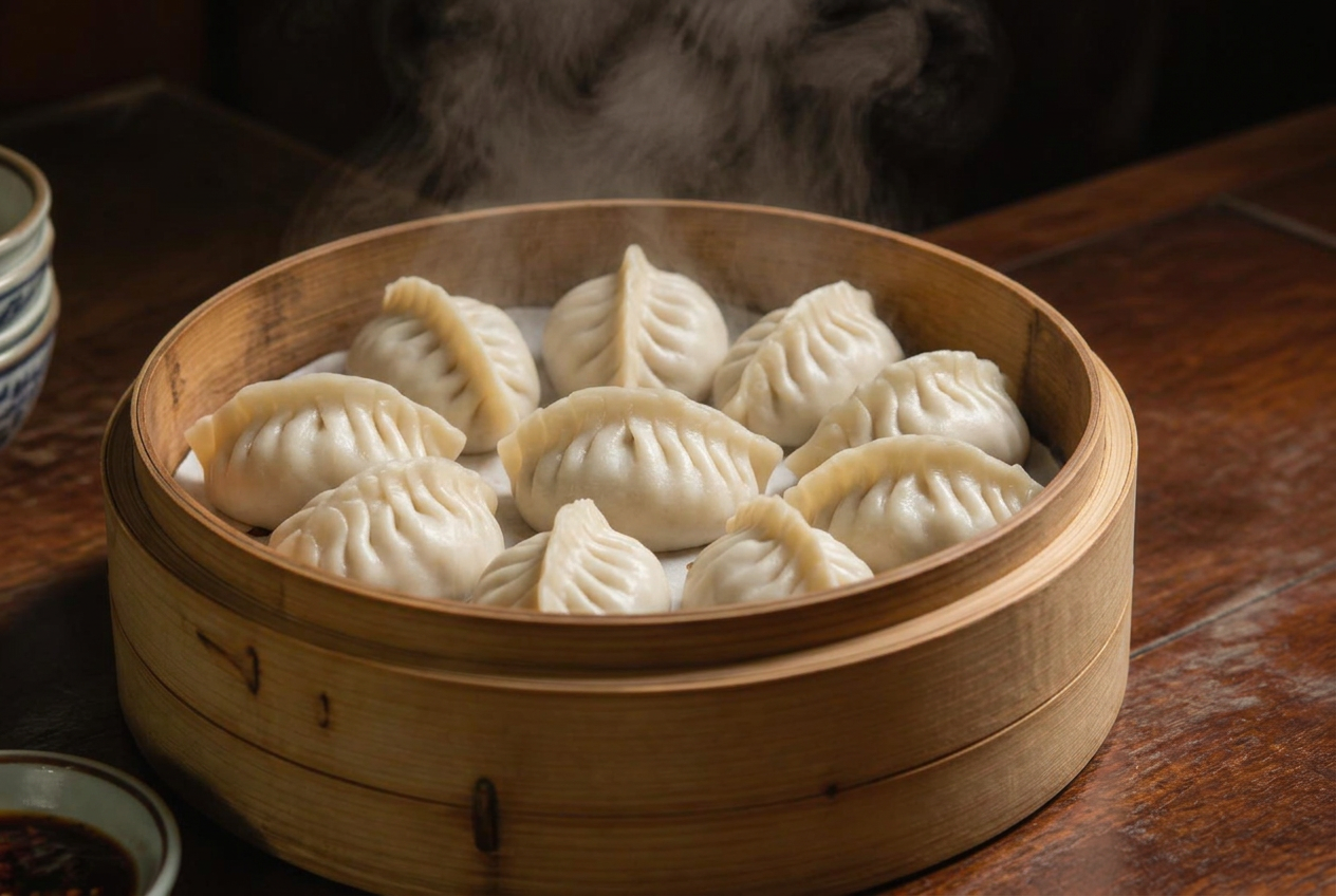 Ångande dumplings i en bambukorg på ett slitet bord
